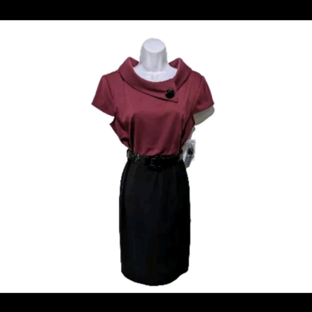 NWT London Times Collared Sheath Dress 15 Color Block Burgundy Corpcore Elegant - Picture 2 of 13